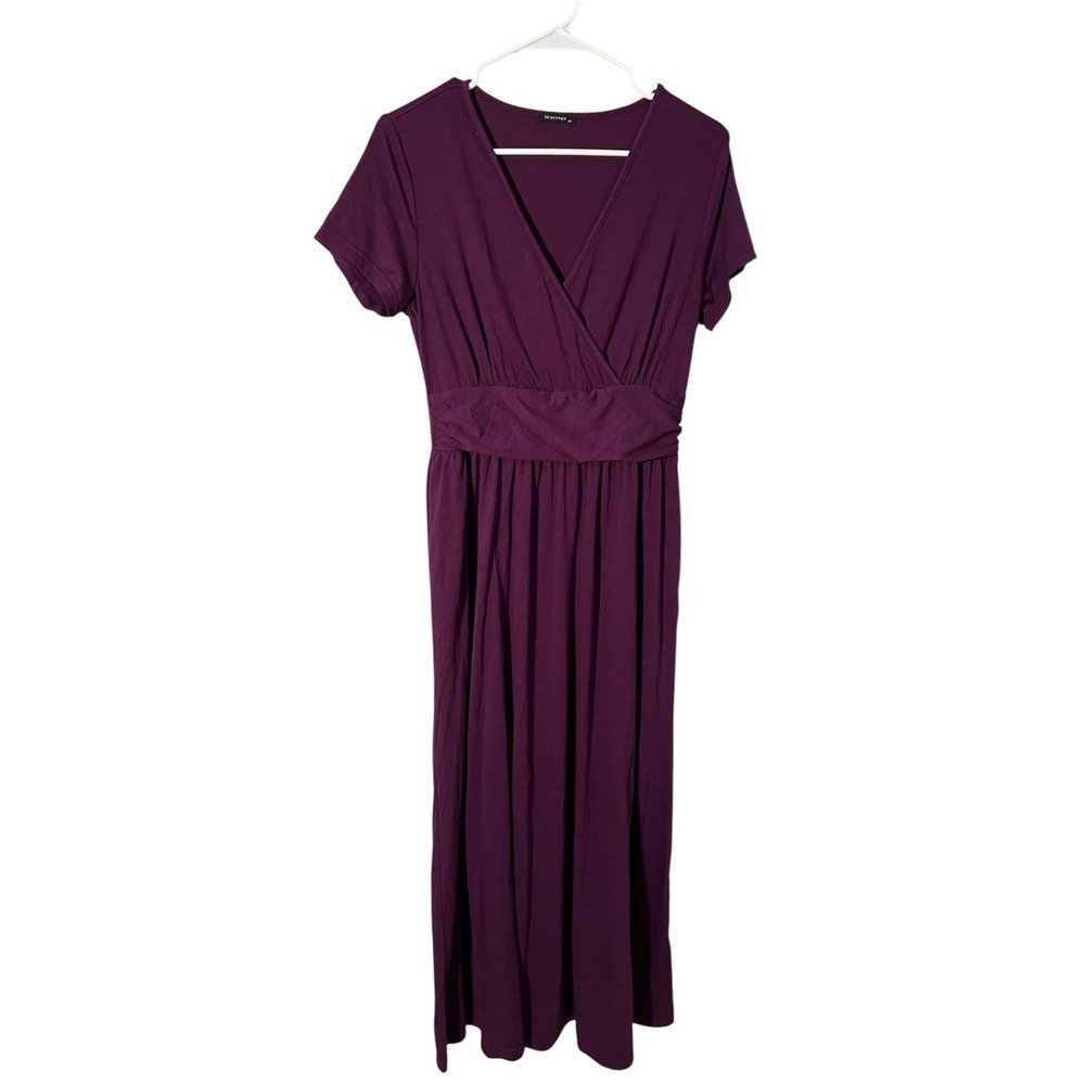 Gracyoga Women's Size Medium Midi Dress Faux Wrap Surplice Purple Short Sleeve